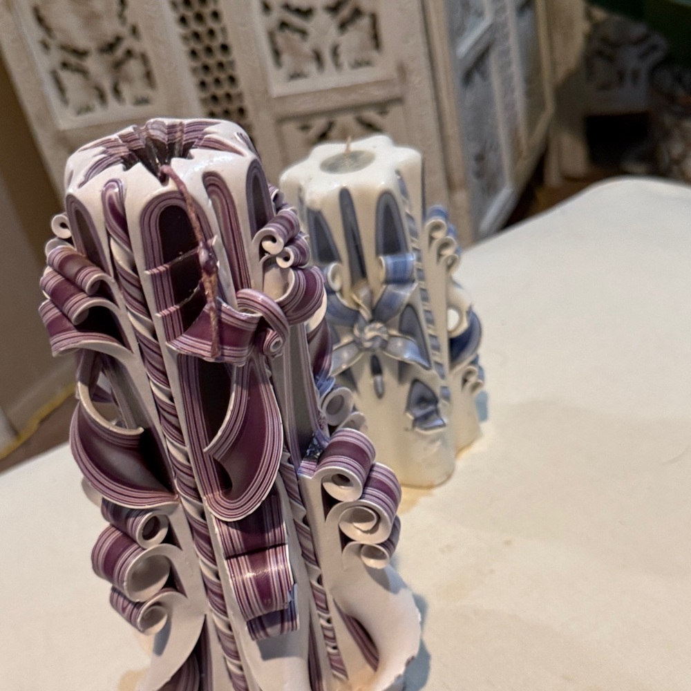 Handcrafted Purple and White Decorative Candles